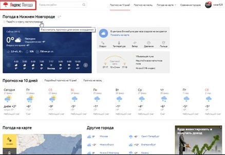 Сервис Яндекс Погода. Главная станица